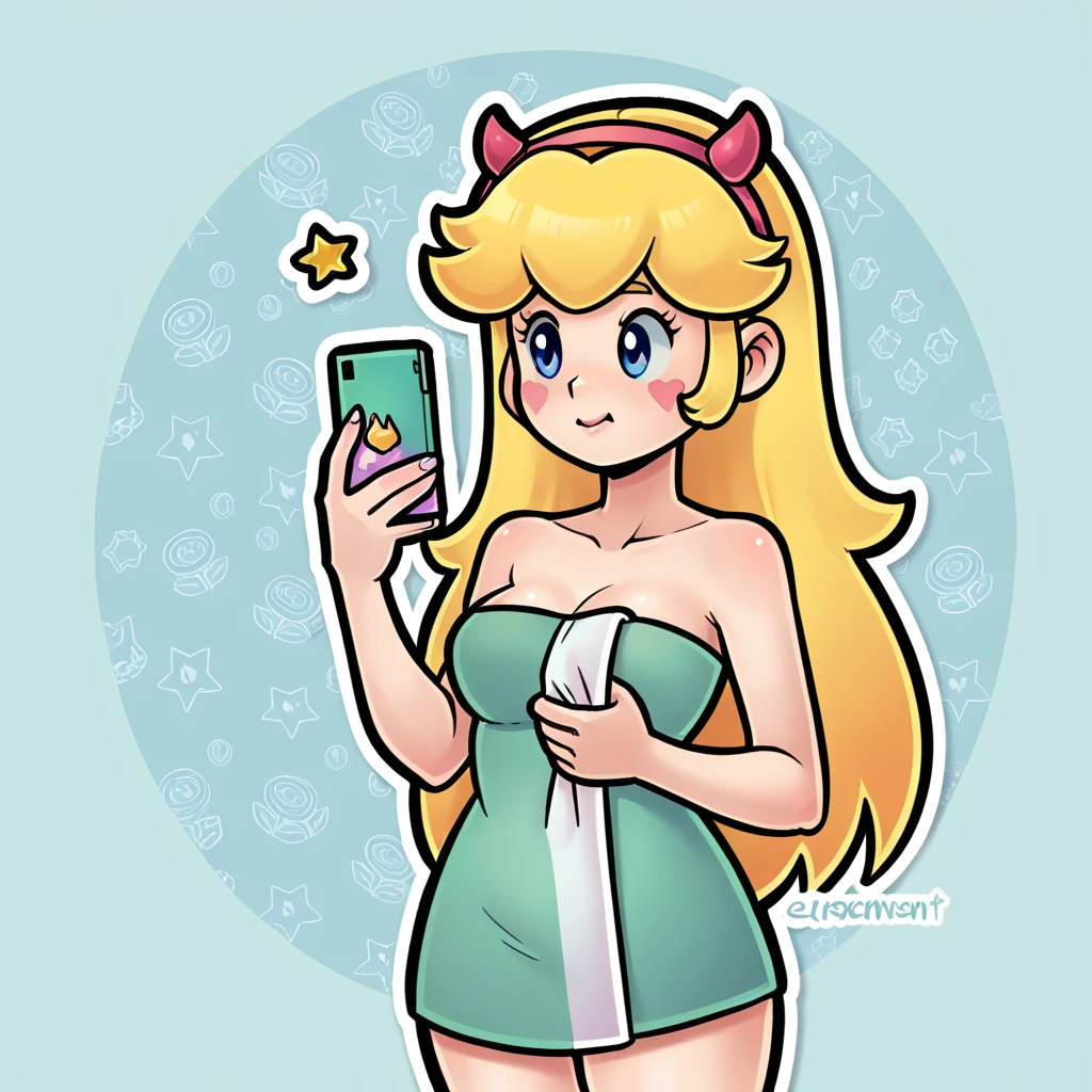 score_9_presence, score_8_up, Star Butterfly, wrapped in towel, medium breasts, holding phone