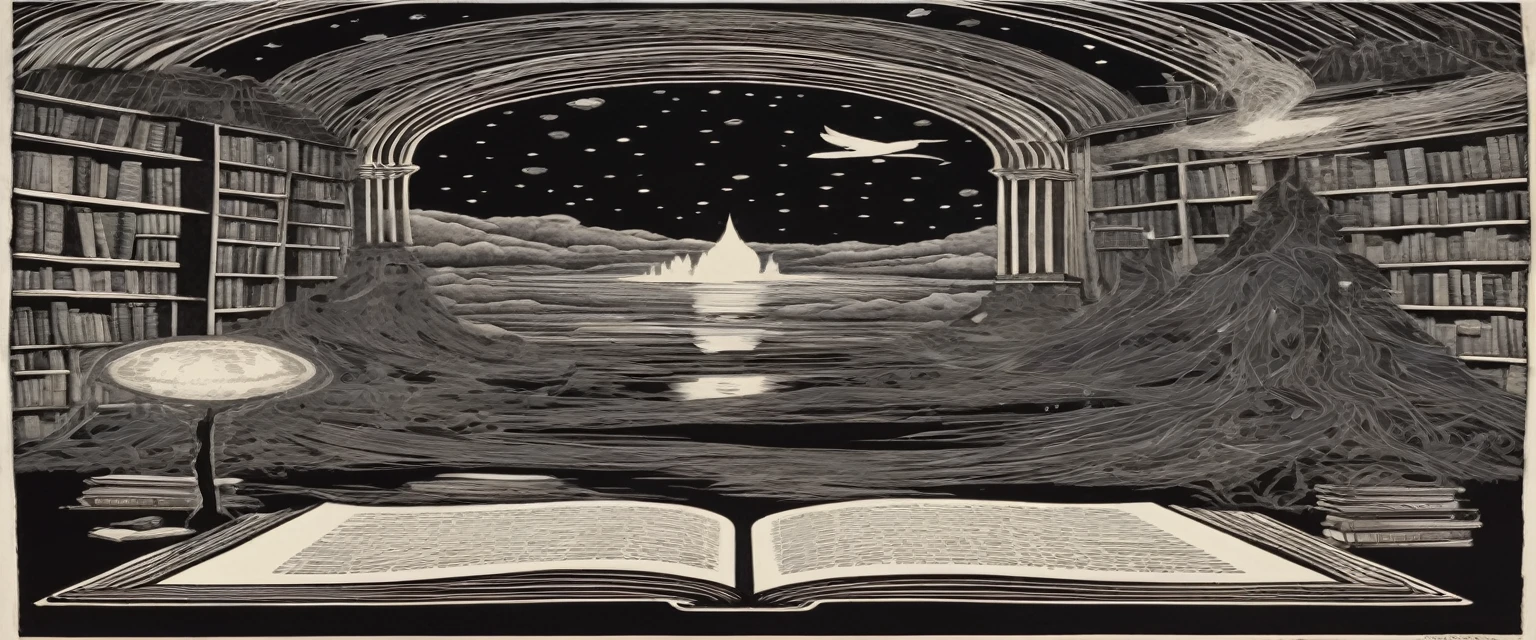 a surreal abstract woodblock print, With the theme "movie theme, series and books with reference to Harry Potter, anne de greem gables, dark academy e que tenha cabelo longo"