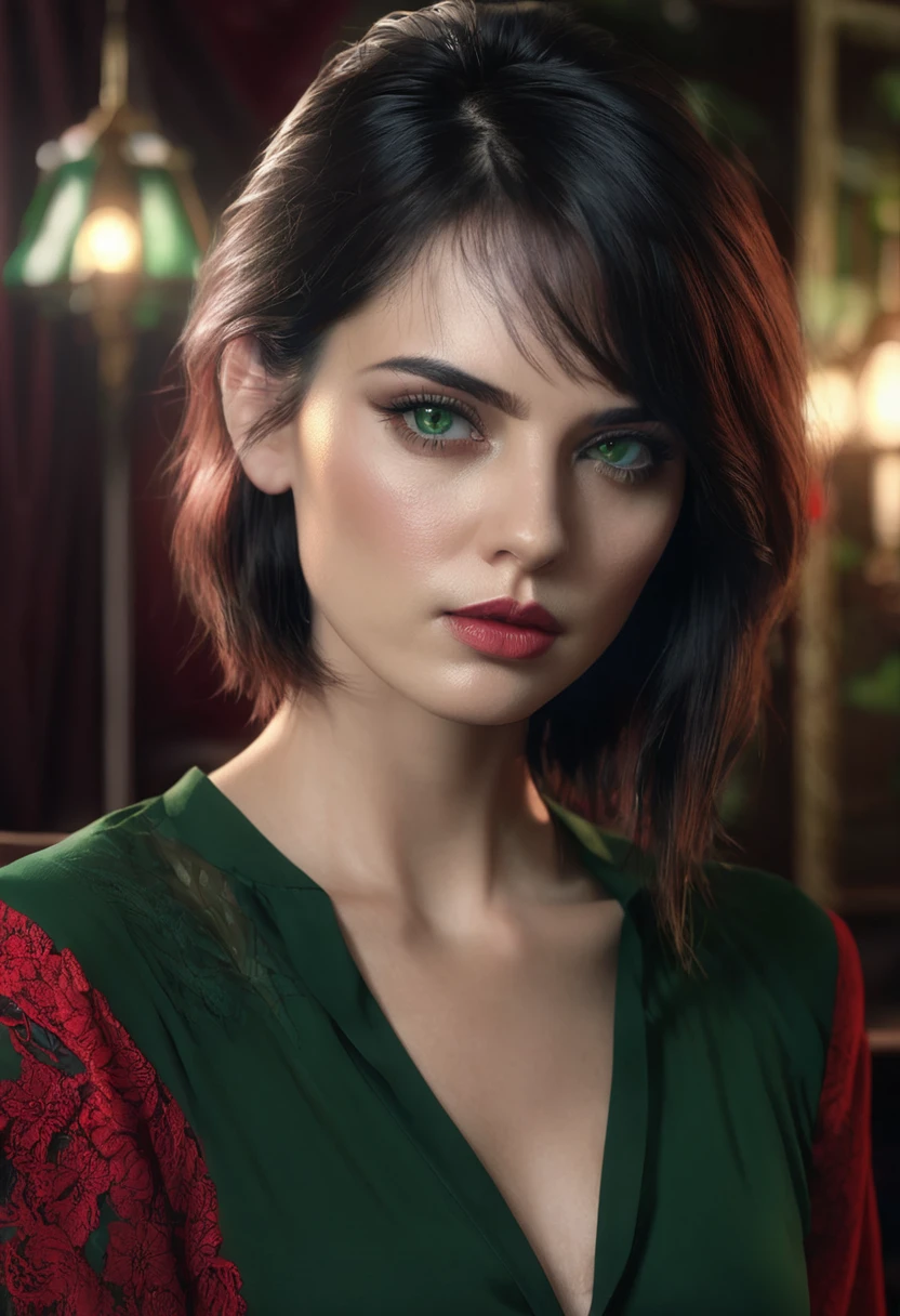 1 woman, inside a room decorated in dark colors and red, wearing a dark green blouse, detailed facial features, detailed female green eyes, detailed light skin, black undercut hair, soft lighting, serious expression on her face, cold cinematic composition, dark atmosphere, serious face, beautiful, delicate chin, pretty girl, 20s (best quality, 4K, 8K, high resolution, art: 1.2), ultra-detailed, (realistic, photorealistic, photorealistic: 1.37)