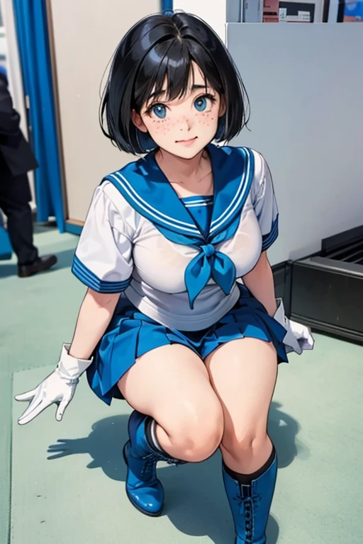 　(((nsfw)))､A masterpiece showing private parts, Highest quality, High resolution, Mel 1, tiara, Sailor Warrior Uniforms, Blue Skirt, Blue sailor collar, tiara, bow, Knee Boots, choker, White gloves, blue choker, elbow gloves, jewelry, Earrings, Pleated skirt, Cowboy Shot, Outdoor