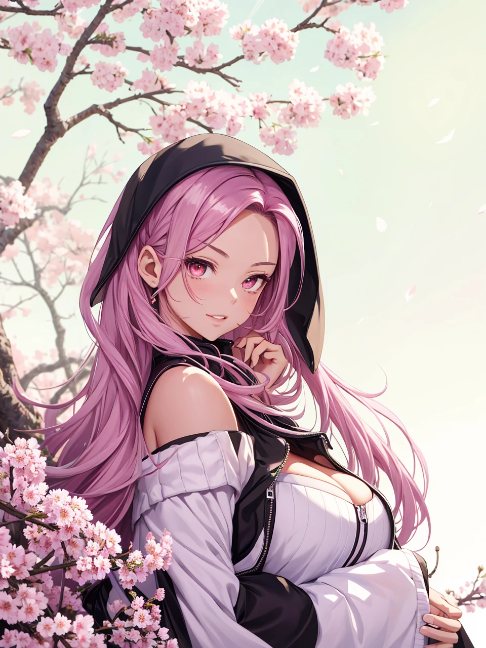 tmasterpiece, Best quality at best, 1girll, Sakura Haruno, Large breasts,Off-the-shoulder attire,(cleavage),(upperbody closeup),Raised sexy,is shy,ssmile,with pink hair, long whitr hair, (Green eyeballs:1.4), Forehead protection, the cherry trees,Cherry blossoms flying,Red clothes,Zipper half