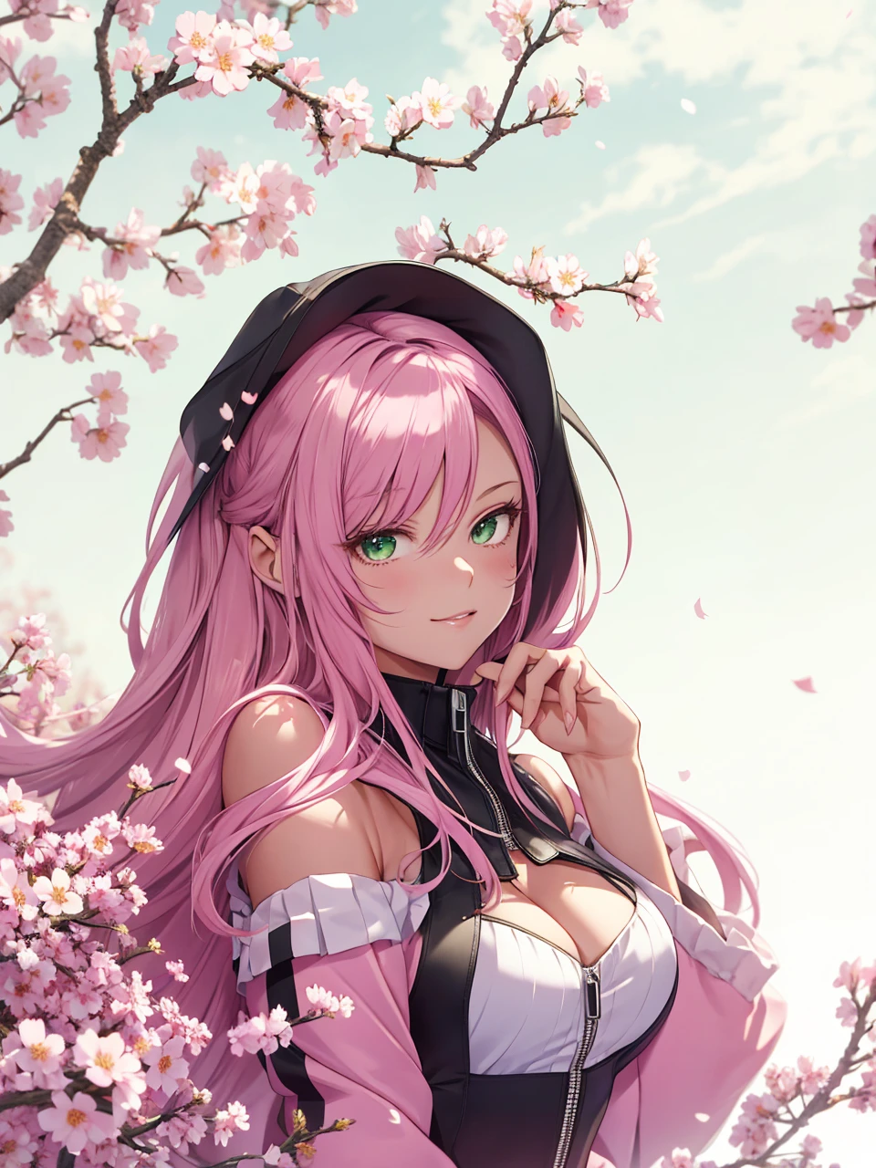 tmasterpiece, Best quality at best, 1girll, Sakura Haruno, Large breasts,Off-the-shoulder attire,(cleavage),(upperbody closeup),Raised sexy,is shy,ssmile,with pink hair, long whitr hair, (Green eyeballs:1.4), Forehead protection, the cherry trees,Cherry blossoms flying,Red clothes,Zipper half