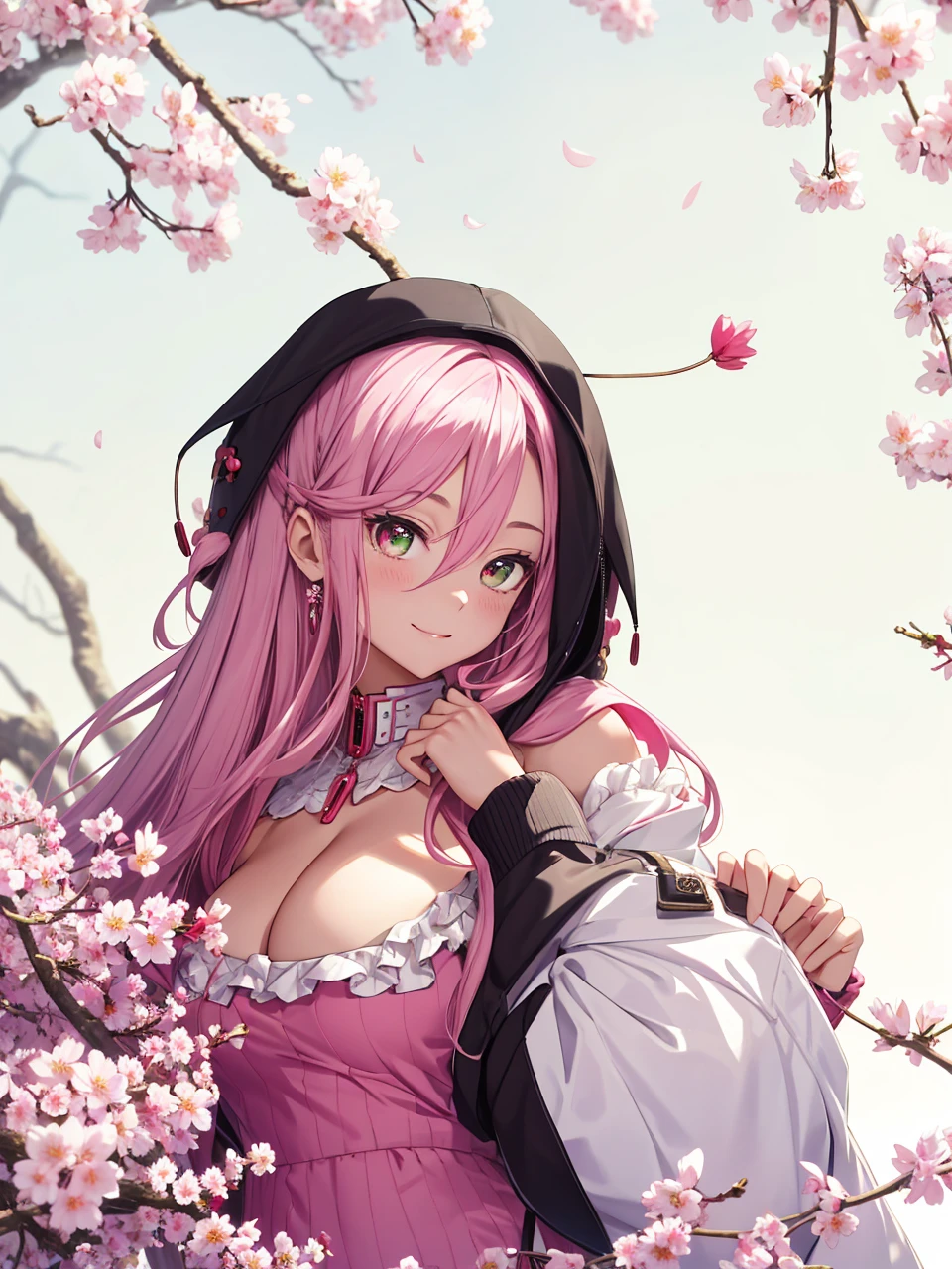 tmasterpiece, Best quality at best, 1girll, Sakura Haruno, Large breasts,Off-the-shoulder attire,(cleavage),(upperbody closeup),Raised sexy,is shy,ssmile,with pink hair, long whitr hair, (Green eyeballs:1.4), Forehead protection, the cherry trees,Cherry blossoms flying,Red clothes,Zipper half