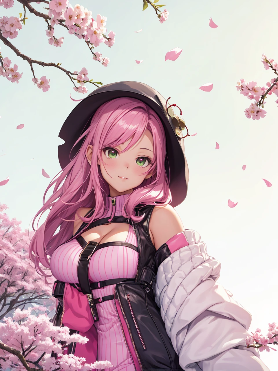 tmasterpiece， Best quality at best， 1girll， Sakura Haruno， Large breasts，Off-the-shoulder attire，（cleavage)，（upperbody closeup)，Raised sexy，is shy，ssmile，with pink hair， long whitr hair， （Green eyeballs:1.4)， Forehead protection， the cherry trees，Cherry blossoms flying，Red clothes，Zipper half