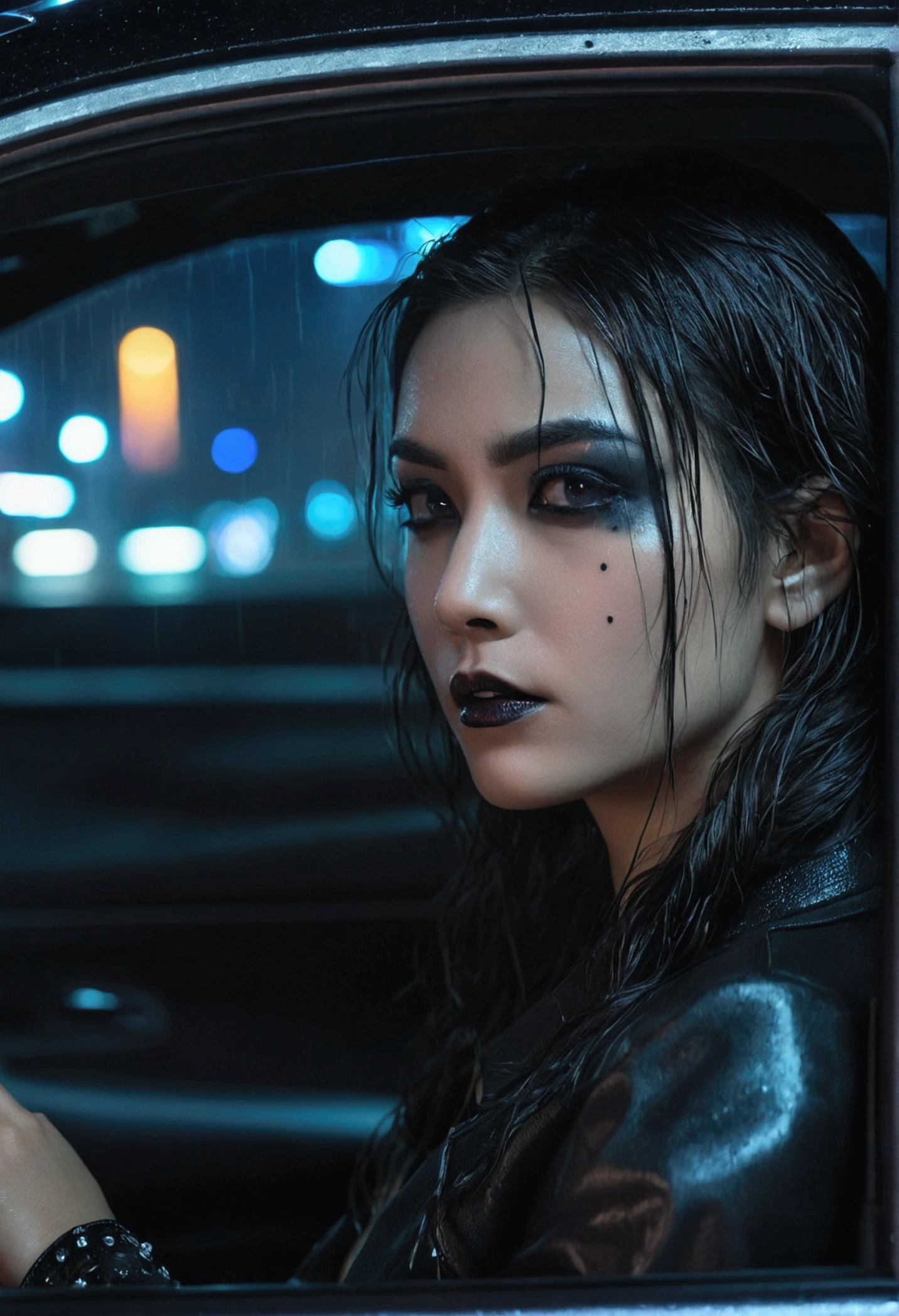 Beautiful woman in a car at night, Sad woman, Black Makeup, Nissan Skyline, night lighting, Cyberpunk City Lite, Night Sky, Night Drive, it's raining, Rainy night, Super detailed, Realistic, Cinematic, masterpiece.