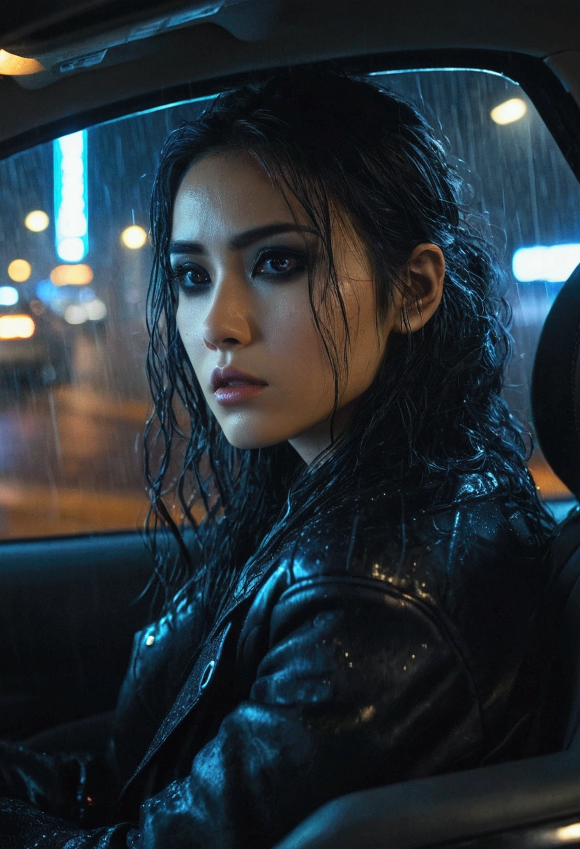 Beautiful woman in a car at night, Sad woman, Black Makeup, Nissan Skyline, night lighting, Cyberpunk City Lite, Night Sky, Night Drive, it&#39;s raining, Rainy night, Super detailed, Realistic, Cinematic, masterpiece.