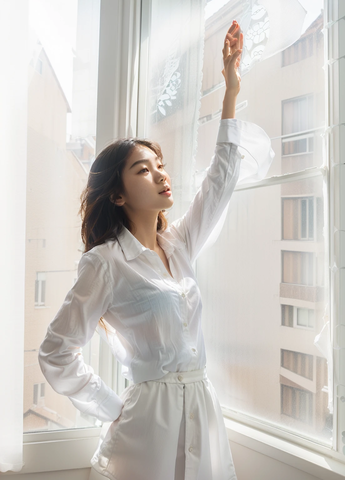 there is a woman standing by a window with her hands in the air, standing near a window, with backdrop of natural light, young asian woman, a young asian woman, young asian girl, young woman looking up, wearing a light shirt, morning lighting, leaning against the window, as she looks up at the ceiling, wearing a white blouse, wearing a white shirt