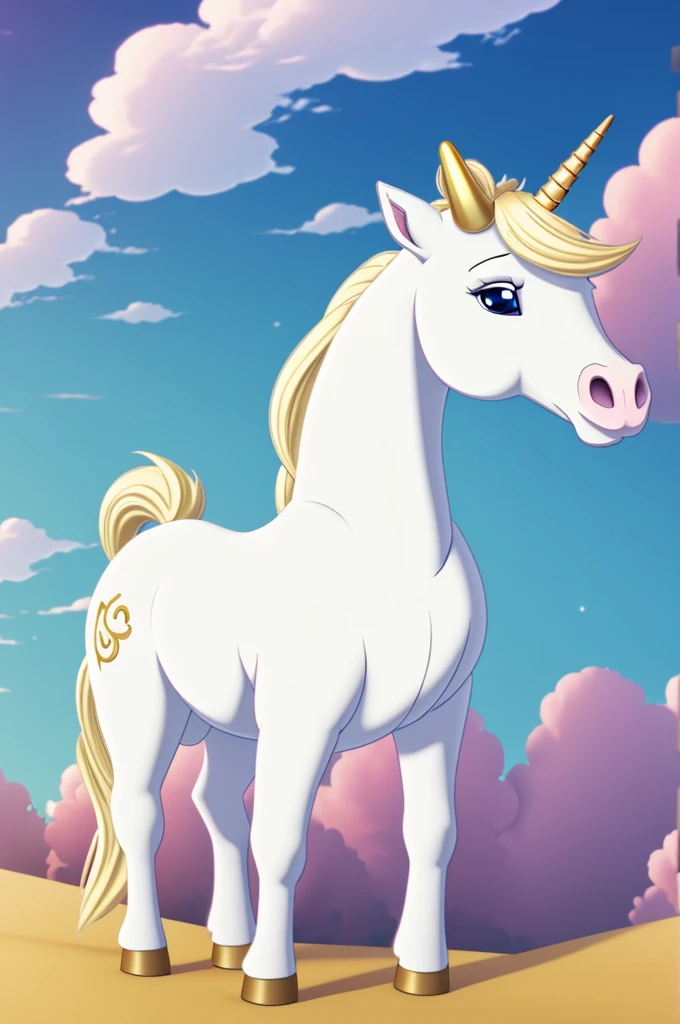White and gold unicorn in animated cartoon like a fairy tale