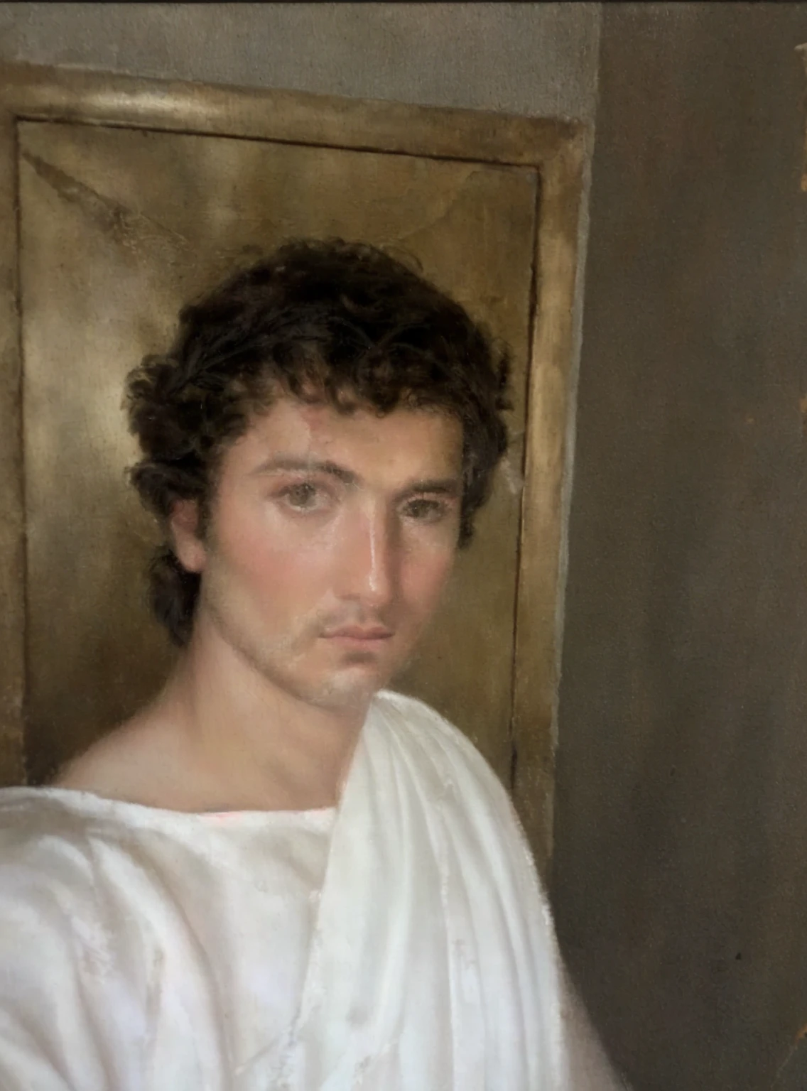 a close up of a painting of a man with a crown on his head, ancient roman painting, inspired by Pietro Testa, ancient rome man, young greek man, neoclassical portrait, portrait of achilles, portrait of hades, fayum portrait, painting of a man, portrait of a male warrior, inspired by Nicomachus of Thebes