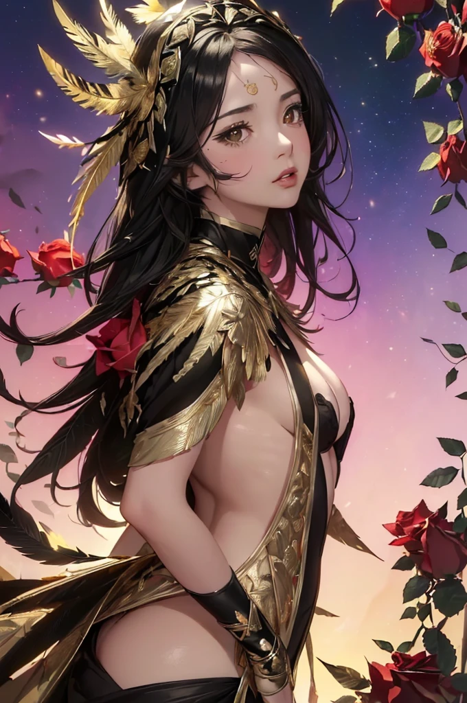 Staring straight ahead，Facing forward,front facing portrait((Highly detailed CG unit 8k wallpaper, masterpiece, High resolution, highest quality, highest qualityのリアルテクスチャスキン)), witch((very beautiful woman,  :1.5, plump lips,  (messy black hair, white skin, small breasts), ((and handle background, Colorful background with roses and feathers、Gold and black warm color)),  hyper realistic, digital painting, concept art,Girl looking straight ahead,sexly,front facing body looking up，comprehensive