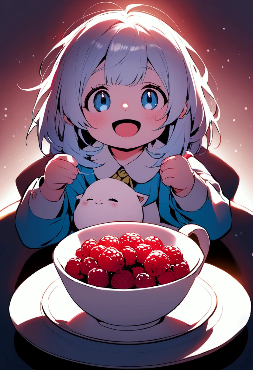 white plump kitten, with doll-like blue eyes, smiling, mouth wide open, sitting in a white cup with a saucer in which there are 3 years old raspberries