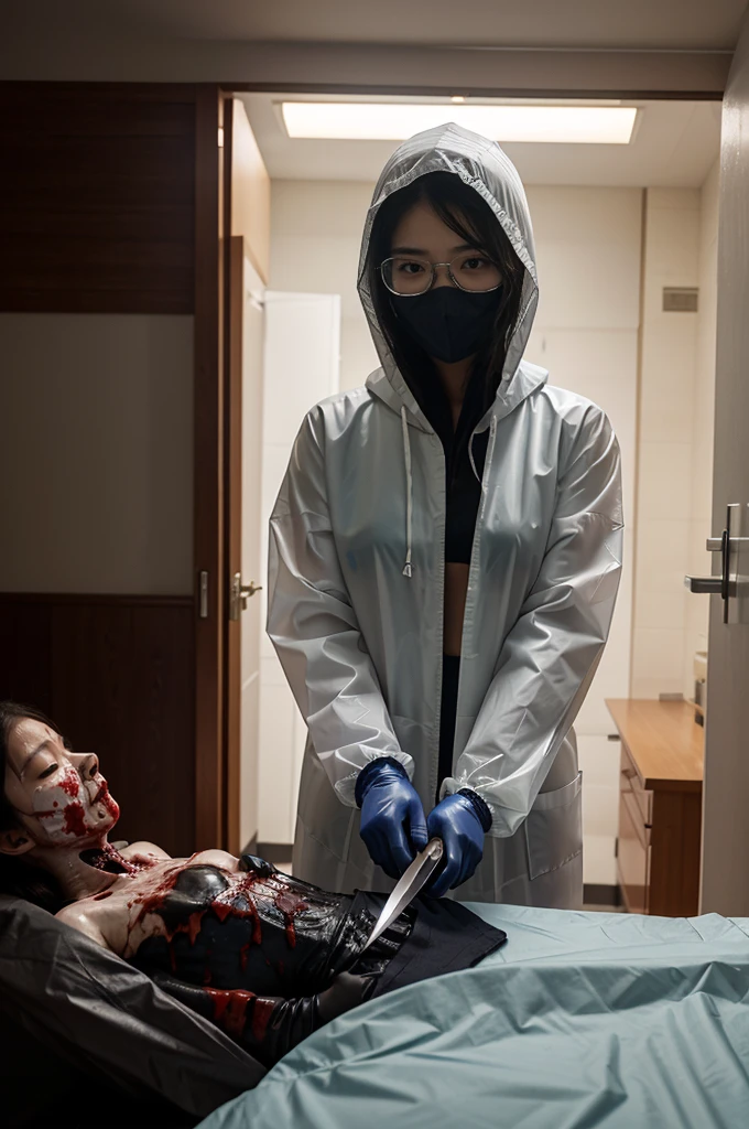korean girl, (behind corpse, surgical mask), blood splatter, holding knife, stabbing, gloves, room full of blood, transparent raincoat, hood up, safety glasses, holding knife, gloves, behind corpse, ponytail, night, mass murderer, robbery, in the hotel,