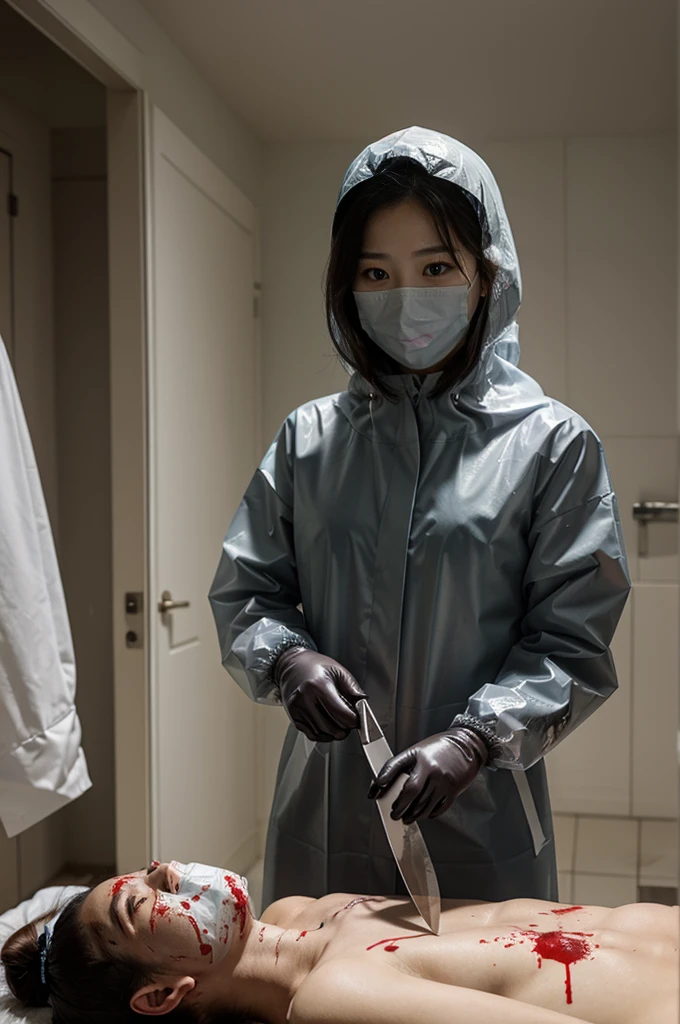 korean girl, (behind corpse, surgical mask), blood splatter, holding knife, stabbing, gloves, room full of blood, transparent raincoat, hood up, safety glasses, holding knife, gloves, behind corpse, ponytail, night, mass murderer, robbery, in the hotel,
