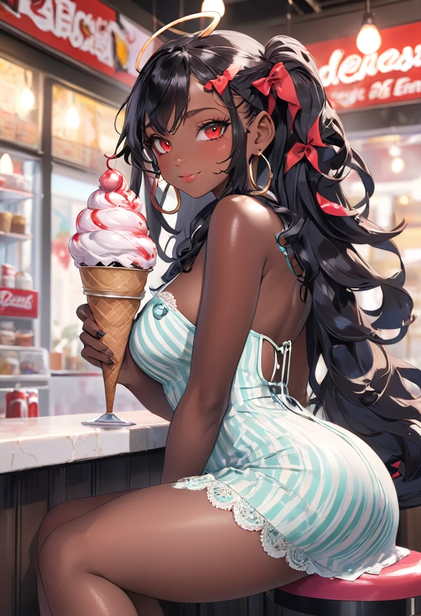 (BENGUS,Edayan,luster berry, falcoon):1.2, (hyper-defined art, anime coloring, best quality, hyper-hdr, 8k uhd, hyper absurdres, (raw sensuality, black woman, black and red striped thick scorpion tail, , sitting in a ice cream parlor, dreadlocks, headphones,impossibly beautiful african-caribbean features, red and brown heterochromia eyes, sitting, licking ice cream, backless, sleeveless dress, thigh lace clogs), (very dark skin, voluptuous, curvy, strong, shortstack, black hair, soft face, small wide nose, firm medium breast, curvy hips, wide hips),hyper aesthetic, hyper-detailed background), Lusterise, ,({Hyper stylistic, sharp gradients, deep highlights, hyper exposure, hyper detailed smooth textures), perfect hands, hyper perfect , perfect eyes, perfect anatomy, perfect physiques, amazing skin, hyper-detailed eyes, hyper-detailed features, salaciously smiling, dynamism, dynamic lighting, dynamic shading, sensual shadowing, sensual atmosphere