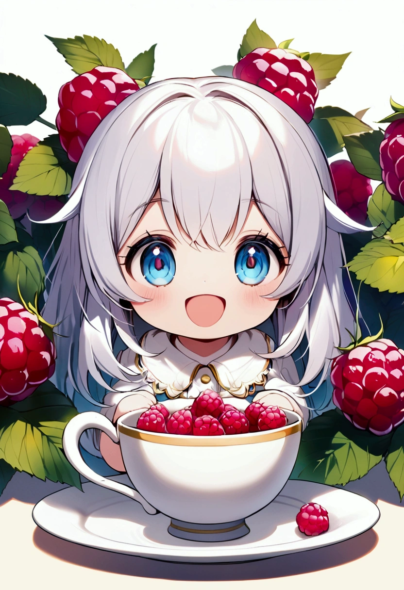 white plump kitten, with doll-like blue eyes, smiling, mouth wide open, sitting in a white cup with a saucer in which there are 3 years old raspberries