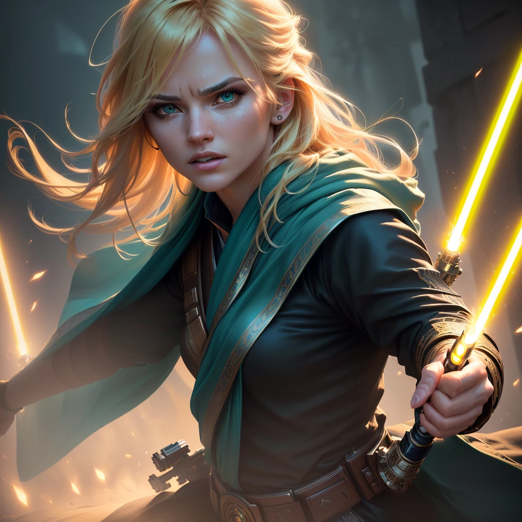 a close up of a person with a green lightsaber, donald trump as a jedi hero, donald trump as a jedi, (best quality,4k,8k,highres,masterpiece:1.2),ultra-detailed,(realistic,photorealistic,photo-realistic:1.37),extremely detailed eyes and face, beautiful detailed eyes, beautiful detailed lips, longeyelashes, incredibly detailed costume, epic cinematic lighting, dramatic action pose, dramatic shadows, dramatic highlights, vivid colors, intricate details, cinematic composition, dynamic energy, powerful presence