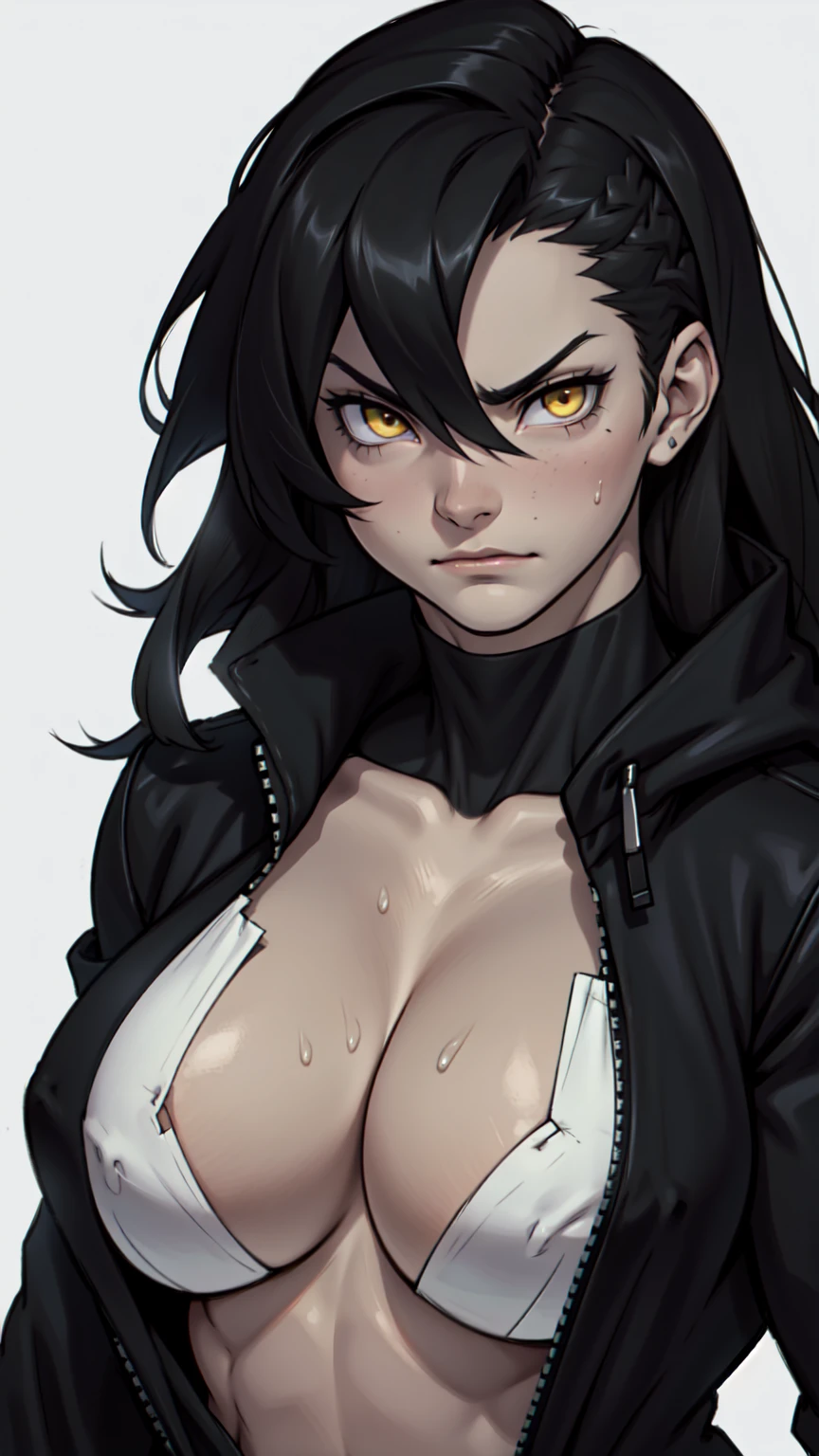 (pale skin girl) (1girl muscular grey background bodybuilder) toned body huge breasts (thin waist) black hair yellow eyes straight hair sweaty hair between eyes (black fur trim coat) frowning black suit dark atmosphere