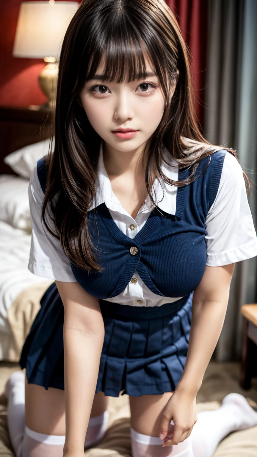masterpiece, Best Quality, 8K, 20 yo, huge breasts, cuddly, Solo, sad, Cute, Girly, Delicate girl, Neat and clean beauty, Raw photo, Professional Photography, Portrait, Soft light, Professional Lighting, Back lighting, Upper body, front view, (on all fours, hotel room), Sophisticated, Film grain, (Eyes and faces with detailed:1.0), short length floating hair, beautiful flowing hair, bangs, High school girl uniform、Super Short Check Uniform Skirt、Navy blue high socks, Colossal tits、Don't expose it, expresses the roundness and softness of your chest., Protruding big, Erotic shorts, Standing Elegantly、beautiful thick legs