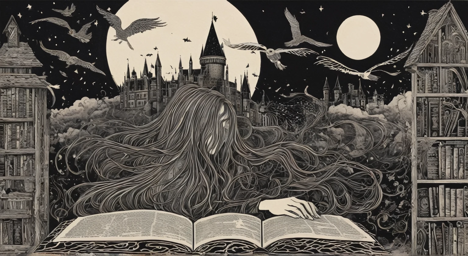 a surreal abstract woodblock print, With the theme "movie theme, series and books with reference to Harry Potter, anne de greem gables e dark academy" long hair