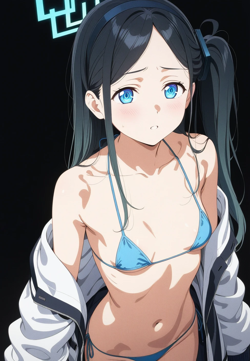 best quality, amazing quality, very aesthetic, (ultra-detailed), (1girl, aris, blue archive, solo, blue eyes), (realistic face:0.9),(string bikini:1.8), (glare, blush, thigh:1.3), (cowboy shot), (glowing eyes), (half closed eyes:0.9), (nipple), (official art:1.3), (pool), expressive eyes, perfect face, extremely detailed eyes, perfect anatomy, smooth skin, (black background:1.5), clear eyes, beautiful face, small breasts, (anime style:1.7), (Warm Light:1.5), (highres:2), (Chiaroscuro),
