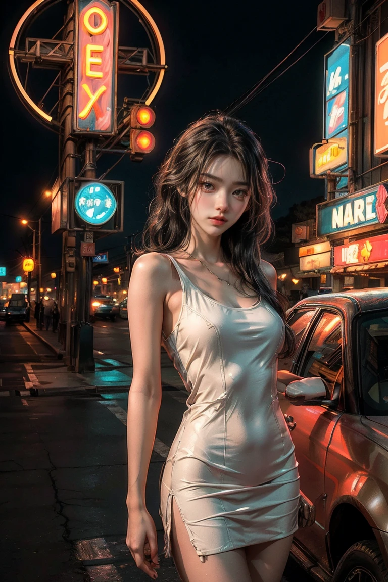 ((masterpiece, Highest quality, Best image quality, High resolution, Realistic, RAW Photos, 8K)), A view of Arapedo with cars parked in front of the motel, with Neon Signs, A woman waiting for guests in front of a motel, lure, Short dress and high heels, National Route 66, Neon Signs, 1 9 5 0 The Second Americana Tourism, some have Neon Signs, Outside Neon Lights, neon advertising, gigantic Neon Signs, Neon Store, writer : Ernie Swekel, few Neon Signs, Neon Signs in background,