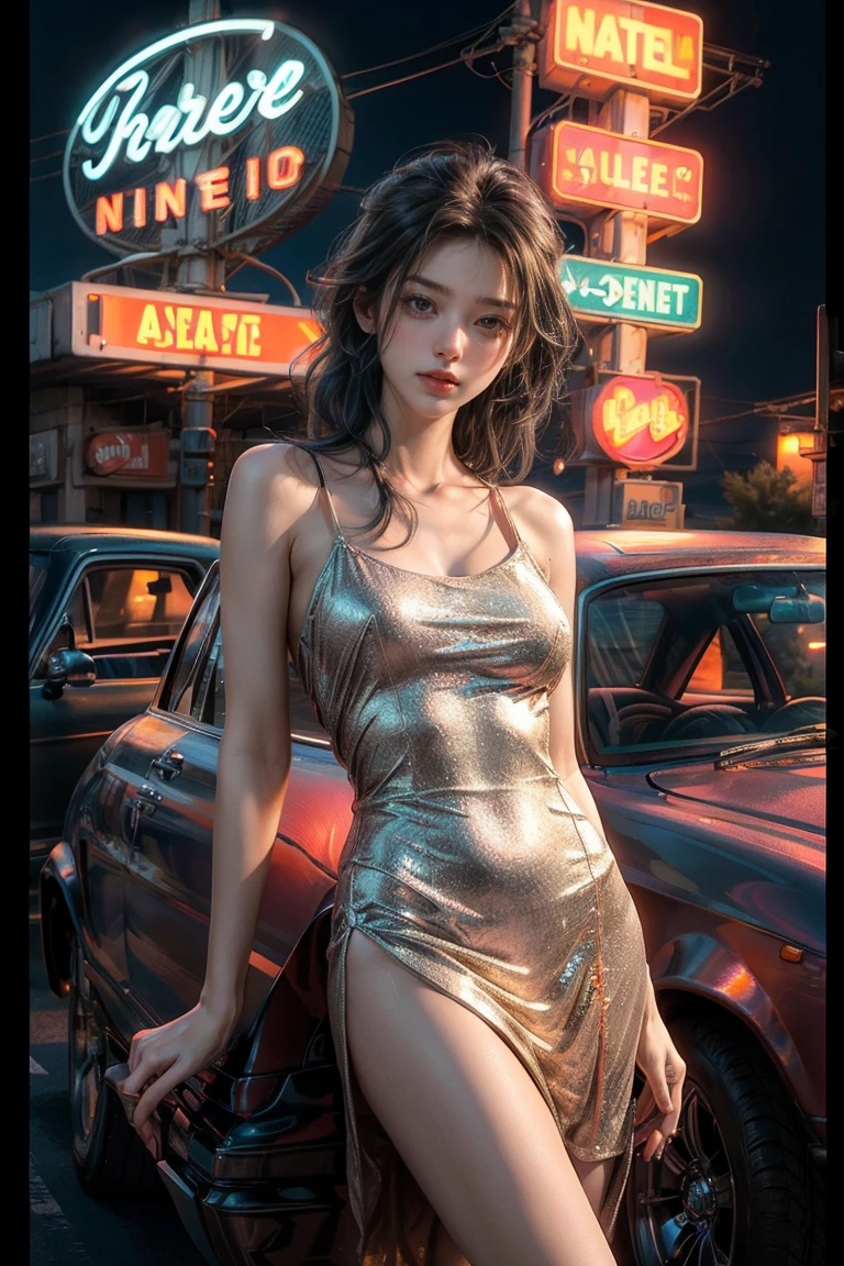 ((masterpiece, Highest quality, Best image quality, High resolution, Realistic, RAW Photos, 8K)), A view of Arapedo with cars parked in front of the motel, with Neon Signs, A woman waiting for guests in front of a motel, lure, Short dress and high heels, National Route 66, Neon Signs, 1 9 5 0 The Second Americana Tourism, some have Neon Signs, Outside Neon Lights, neon advertising, gigantic Neon Signs, Neon Store, writer : Ernie Swekel, few Neon Signs, Neon Signs in background,