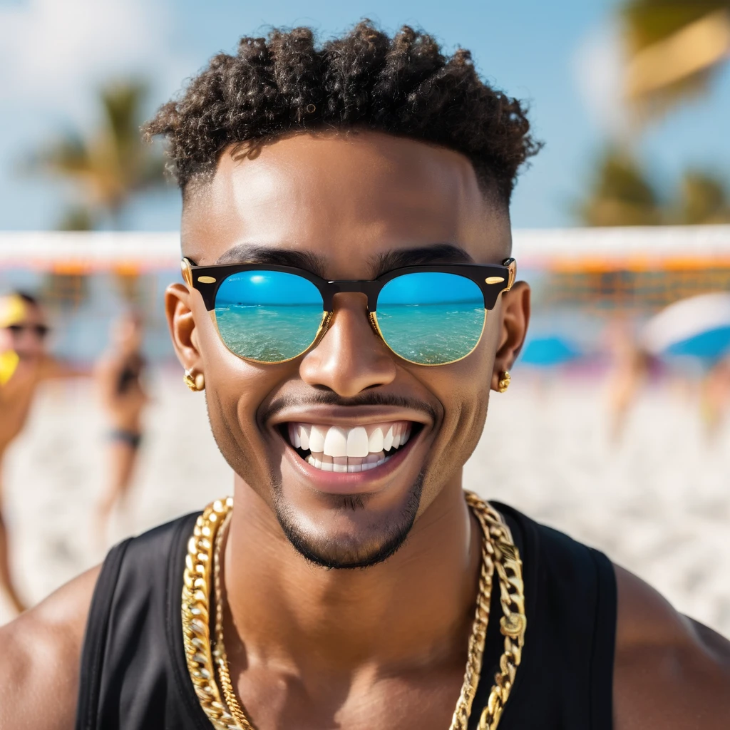 a man rapper with gold teeth sport glasses, beach volleyball background with only one mouth at model ideal smile ideal head not long neck no double elements