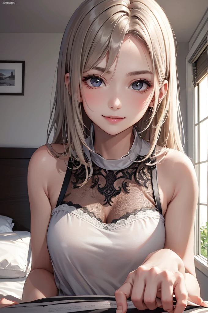 Best Quality,High resolution,8K,finelity detailed background,Masterpiece:1.2),beautiful girl,Shiny khaki hair,medium hair,hair slicked back,Khaki Eyes,Gentle look,A refreshing look,smile,Best quality,Best Quality,Aesthetic and aesthetic:1.2,Best details((Super detailed))(High-definition CG illustrations),Upper Body, Grey underwear,(black intricate lace),Slender body,morning,sunlight,Bedroom,On the bed,smile,blush,cute,Scrounge,Looking up,Being spoiled,super model,wariza,shoot from,below