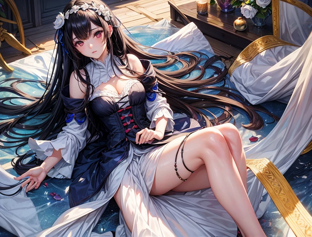 A very beautiful female slave for sale, she has innocent eyes and she looks like Emilia from re zero, but with black hair
