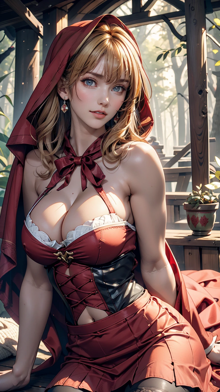 Ultra HD, Super detailed, Ultra-high resolution, Highest quality, (whole body image), ((anime)), (((masterpiece))), , (((Single women))), (),(Pretty face), (Perfect body), (Hourglass-shaped body shape), (high quality hands), ((Blonde)), (Beautiful Eyes), ((Huge breasts:1.3)), (Showing cleavage), (sexy), ((((Little Red Riding Hood costume)))), sexy expression, (((Sexy pose))), (Narrow waist:1.0), (Wide Hips:1.2), (Thick Ass:1.0), ((in the forest)), ((abdomen)), ((mini skirt)), whole body (NSFW chest), hdri, 非常にnaked, nude, new, naked, Browsing Caution, A perfectly balanced body, Huge breasts 1.9