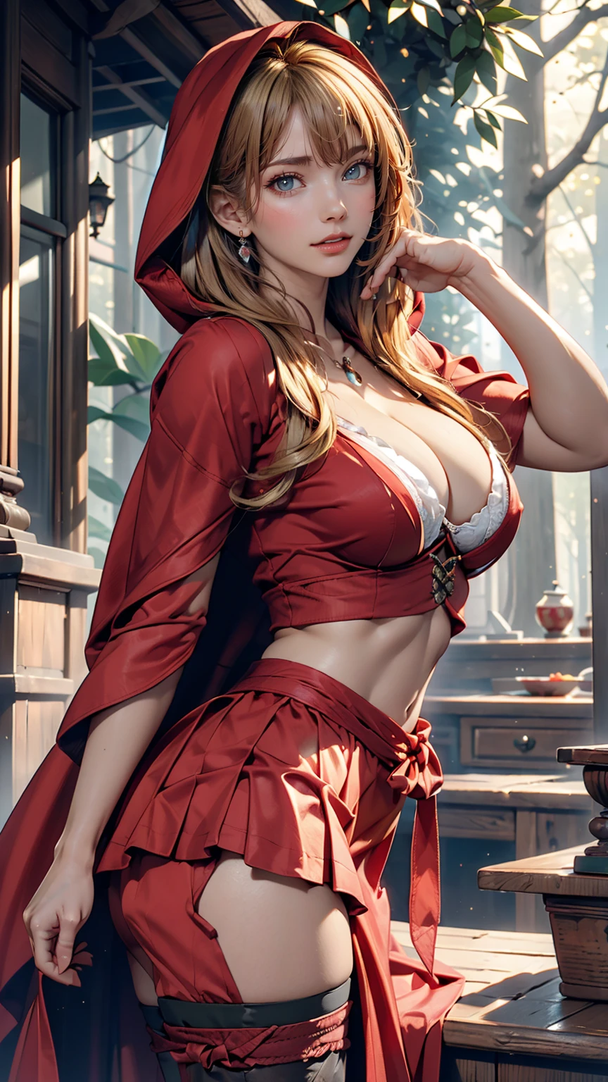 Ultra HD, Super detailed, Ultra-high resolution, Highest quality, (whole body image), ((anime)), (((masterpiece))), , (((Single women))), (),(Pretty face), (Perfect body), (Hourglass-shaped body shape), (high quality hands), ((Blonde)), (Beautiful Eyes), ((Huge breasts:1.3)), (Showing cleavage), (sexy), ((((Little Red Riding Hood costume)))), sexy expression, (((Sexy pose))), (Narrow waist:1.0), (Wide Hips:1.2), (Thick Ass:1.0), ((in the forest)), ((abdomen)), ((mini skirt)), whole body (NSFW chest), hdri, 非常にnaked, nude, new, naked, Browsing Caution, A perfectly balanced body, Huge breasts 1.9