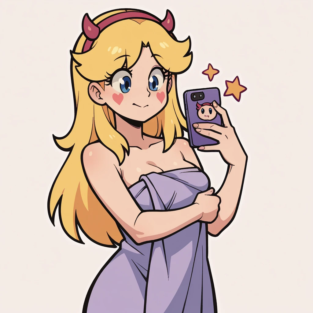 score_9_presence, score_8_up, Star Butterfly, wrapped in towel, medium breasts, holding phone