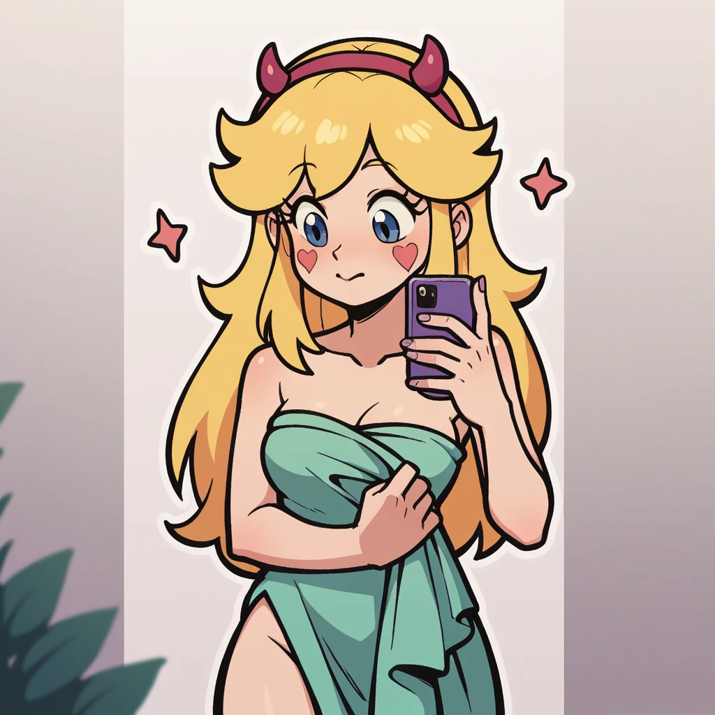 score_9_presence, score_8_up, Star Butterfly, wrapped in towel, medium breasts, holding phone