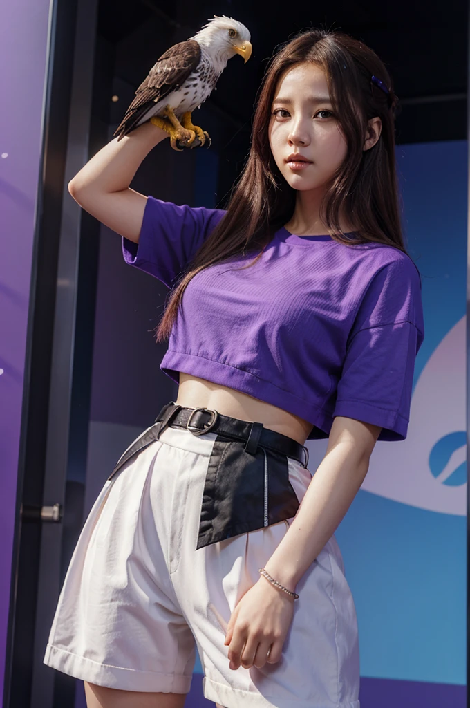digital manhwa 3d park chaeyoung with a beautiful and funny holding an eagle with an epic purple background