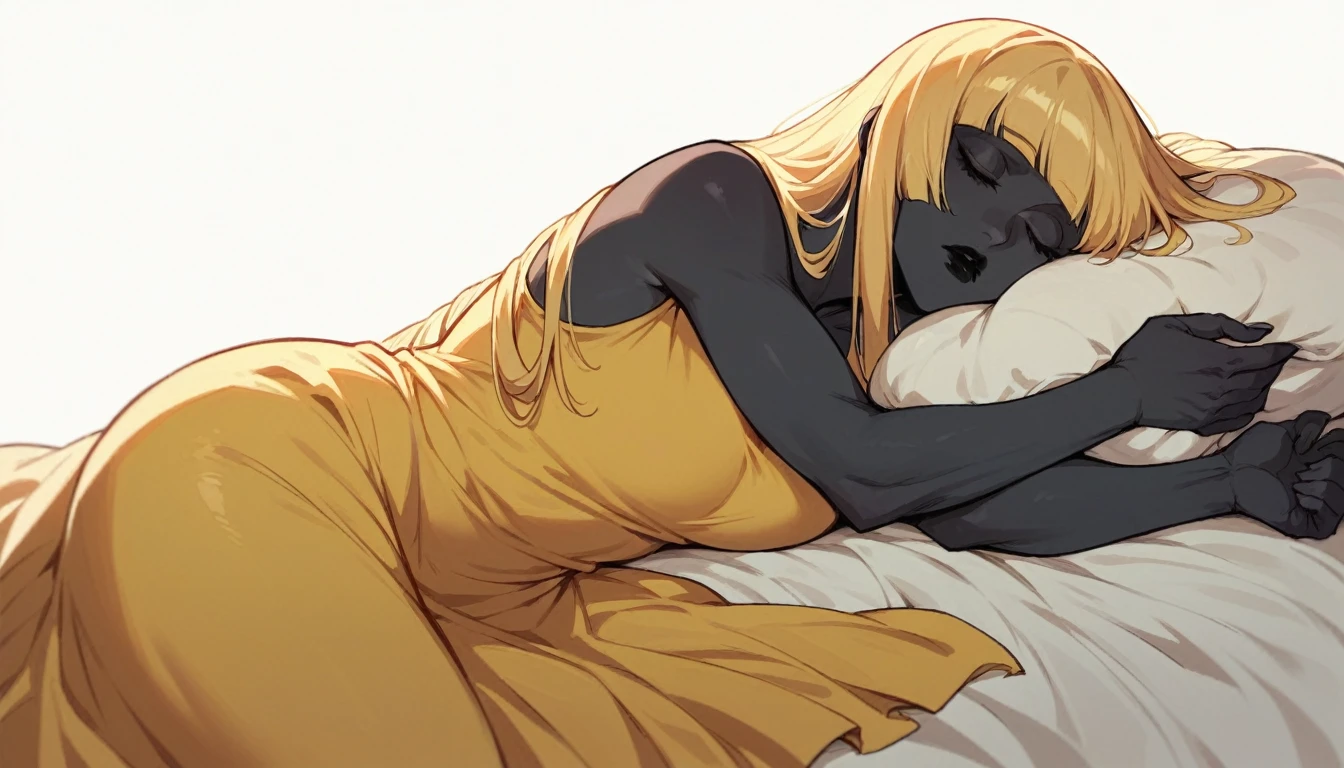 black buff strong woman, tall woman, black skin, strong arms, long fringe hair, blonde hair, blonde fringe hair, scales in the arms, black lips, yellow dress, egypt hair, in bed, sleeping, white background