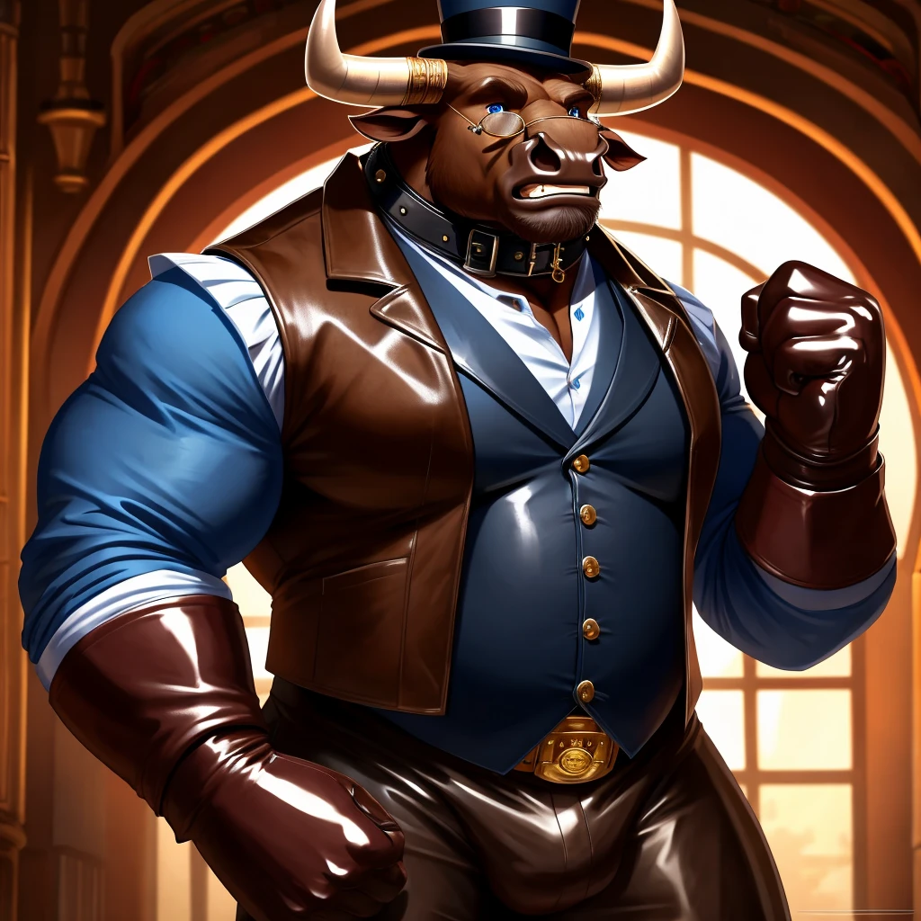Solo, Male, fat, extremely obese, gentleman, dapper Professor Minotaur, blue eyes, (posing:1.3), (soft shading), 4k, hi res, ((detailed face, detailed)), looking at viewer, mouth wide open, steampunk, collared shirt with buttons, top hat, male focus, Explorer Outfit, glasses, monocle, vest with buttons, sleeves rolled up, round eyewear, brown headwear, brown vest, Minotaur is wearing a glossy leather dog collar around the neck, Minotaur is wearing the leather collar and shirt and vest at the same time, Minotaur is wearing glossy white rubber gloves on the hands, wearing white rubber gloves on the feet, gloves are rubber in texture, clenching teeth, clenching fists, leather collar is glossy and shiny with a lot of detail, Minotaur is wearing gloves and leather collar at the same time, leather collar has a round dog-tag, leather collar is thick and detailed, leather collar is glossy and shiny, fancy clothing, dapper vest, dapper shirt, leather collar is thick, glossy leather collar.