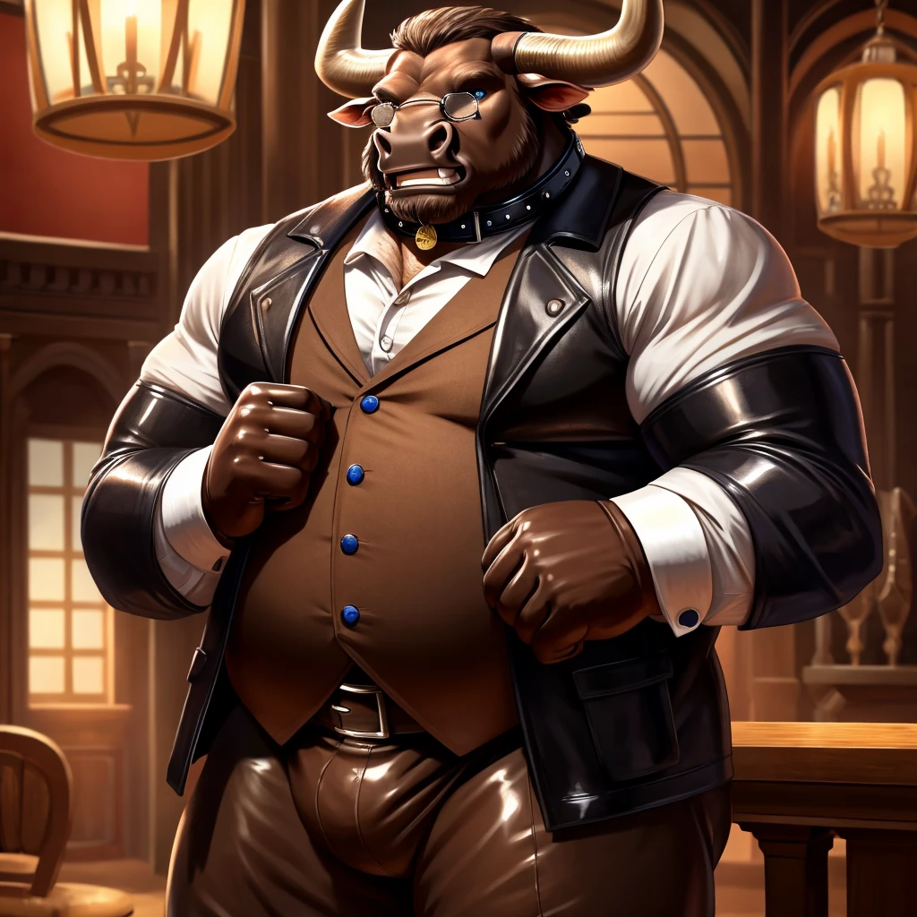 Solo, Male, fat, extremely obese, gentleman, dapper Professor Minotaur, blue eyes, (posing:1.3), (soft shading), 4k, hi res, ((detailed face, detailed)), looking at viewer, mouth wide open, steampunk, collared shirt with buttons, top hat, male focus, Explorer Outfit, glasses, monocle, vest with buttons, sleeves rolled up, round eyewear, brown headwear, brown vest, Minotaur is wearing a glossy leather dog collar around the neck, Minotaur is wearing the leather collar and shirt and vest at the same time, Minotaur is wearing glossy white rubber gloves on the hands, wearing white rubber gloves on the feet, gloves are rubber in texture, clenching teeth, clenching fists, leather collar is glossy and shiny with a lot of detail, Minotaur is wearing gloves and leather collar at the same time, leather collar has a round dog-tag, leather collar is thick and detailed, leather collar is glossy and shiny, fancy clothing, dapper vest, dapper shirt, leather collar is thick, glossy leather collar.