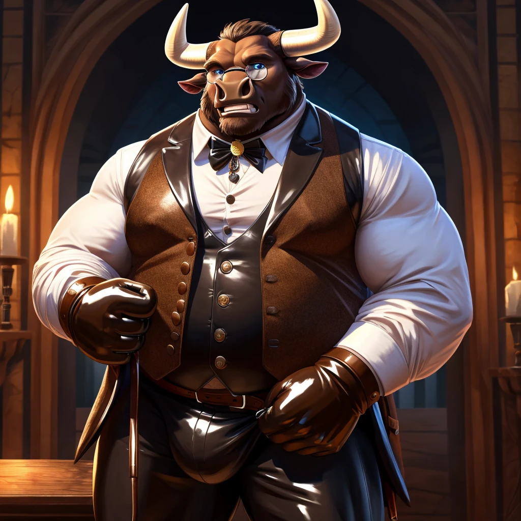 Solo, Male, fat, extremely obese, gentleman, dapper Professor Minotaur, blue eyes, (posing:1.3), (soft shading), 4k, hi res, ((detailed face, detailed)), looking at viewer, mouth wide open, steampunk, collared shirt with buttons, top hat, male focus, Explorer Outfit, glasses, monocle, vest with buttons, sleeves rolled up, round eyewear, brown headwear, brown vest, Minotaur is wearing a glossy leather dog collar around the neck, Minotaur is wearing the leather collar and shirt and vest at the same time, Minotaur is wearing glossy white rubber gloves on the hands, wearing white rubber gloves on the feet, gloves are rubber in texture, clenching teeth, clenching fists, leather collar is glossy and shiny with a lot of detail, Minotaur is wearing gloves and leather collar at the same time, leather collar has a round dog-tag, leather collar is thick and detailed, leather collar is glossy and shiny, fancy clothing, dapper vest, dapper shirt, leather collar is thick, glossy leather collar.