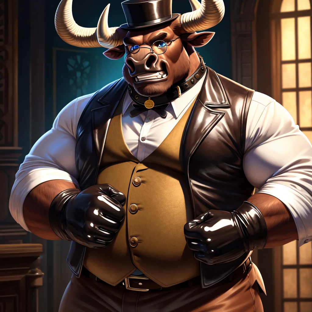 Solo, Male, fat, extremely obese, gentleman, dapper Professor Minotaur, blue eyes, (posing:1.3), (soft shading), 4k, hi res, ((detailed face, detailed)), looking at viewer, mouth wide open, steampunk, collared shirt with buttons, top hat, male focus, Explorer Outfit, glasses, monocle, vest with buttons, sleeves rolled up, round eyewear, brown headwear, brown vest, Minotaur is wearing a glossy leather dog collar around the neck, Minotaur is wearing the leather collar and shirt and vest at the same time, Minotaur is wearing glossy white rubber gloves on the hands, wearing white rubber gloves on the feet, gloves are rubber in texture, clenching teeth, clenching fists, leather collar is glossy and shiny with a lot of detail, Minotaur is wearing gloves and leather collar at the same time, leather collar has a round dog-tag, leather collar is thick and detailed, leather collar is glossy and shiny, fancy clothing, dapper vest, dapper shirt, leather collar is thick, glossy leather collar.
