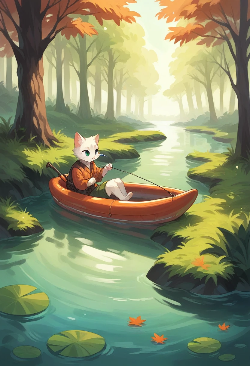 A fat cat wearing an orange fishing vest, sitting on a small raft in the middle of a calm lake, holding a fishing rod. The background features a serene forest with green trees and autumn foliage. The cat has a focused expression on its face, as it looks out at the water. The scene is peaceful and picturesque, capturing a moment of relaxation and solitude.
