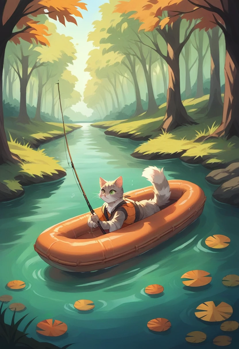 A fat cat wearing an orange fishing vest, sitting on a small raft in the middle of a calm lake, holding a fishing rod. The background features a serene forest with green trees and autumn foliage. The cat has a focused expression on its face, as it looks out at the water. The scene is peaceful and picturesque, capturing a moment of relaxation and solitude.