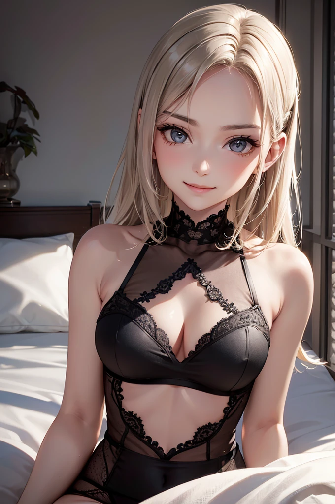 Best Quality,High resolution,8K,finelity detailed background,Masterpiece:1.2),beautiful girl,Shiny khaki hair,medium hair,hair slicked back,Khaki Eyes,Gentle look,A refreshing look,smile,Best quality,Best Quality,Aesthetic and aesthetic:1.2,Best details((Super detailed))(High-definition CG illustrations),Upper Body, Grey underwear,(black intricate lace),Slender body,morning,sunlight,Bedroom,On the bed,smile,blush,cute,Scrounge,Looking up,Being spoiled,super model,wariza,shoot from,below