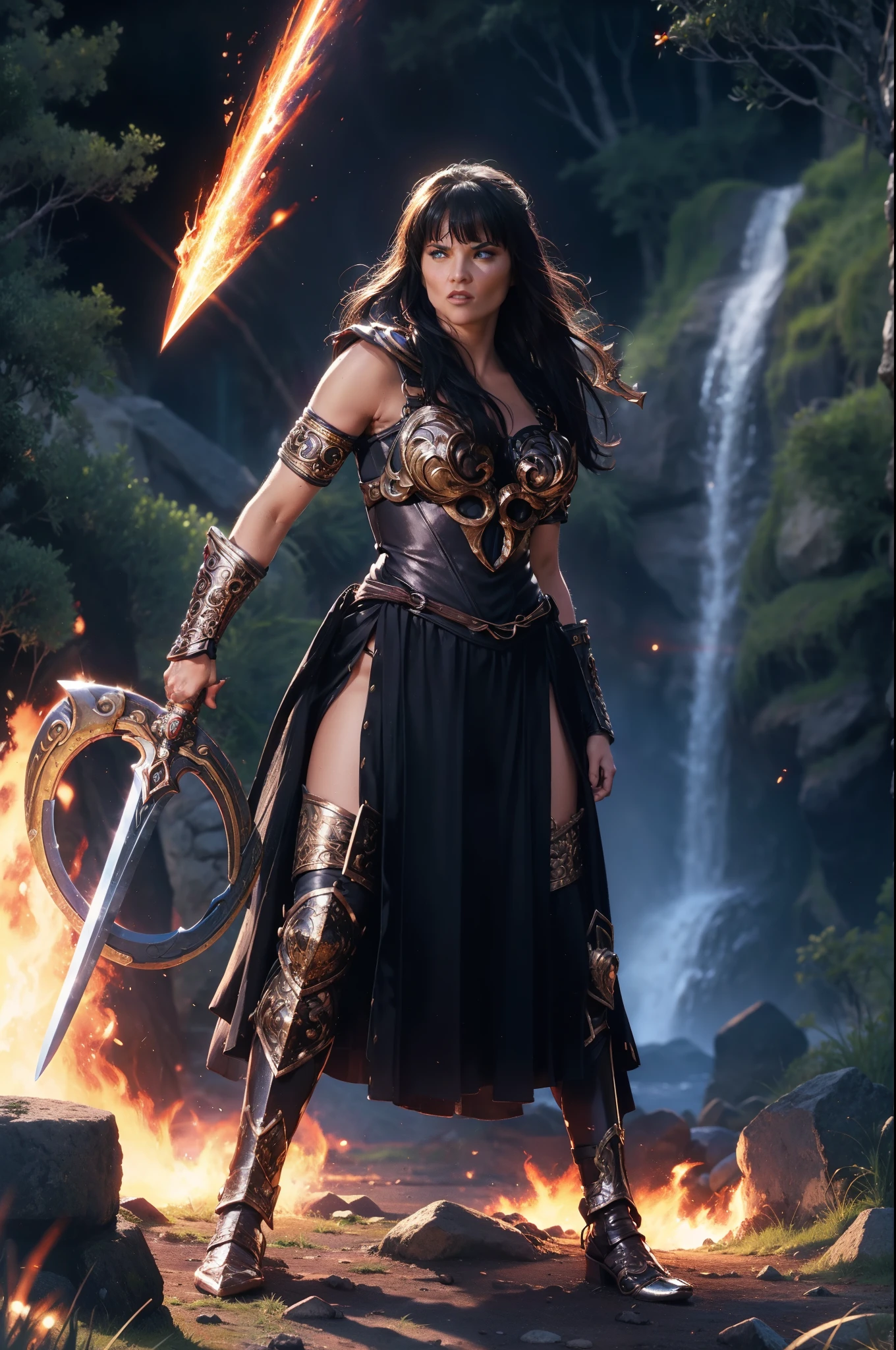 ((Full body photo,standing, feet on the ground)) xena warrior princess,warrior,goddess,strong,brave,beautiful,determined,leather armor,sword,battle,war,powerful,ancient,fierce,noble,protector,defender,legendary,adventure,Mediterranean,lush greenery,epic,bold,mythical,valor,dark hair,intense gaze,strong-willed,war cry,mysterious background,heroic,inspiring,action-packed,mythical creatures,epic battles,mythical world,empowering,fearless,warrior queen,symbolic,universe of gods,magic powers(Vibrant colors),legendary weapon,luxuriant,ancient ruins,undying spirit,solar eclipse,lunar eclipse,divine lineage