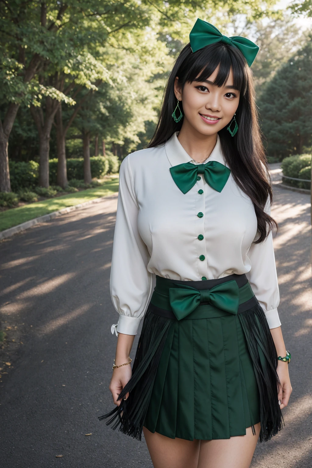 Half-length glamour portrait, nikon D850, f1.6 lens, 200mm, DSLR, 22 Megapixels, (((Tree-lined driveway leading to a private residence scene))), shot of a stunning 19 years old korean girl, (smile:1.4), (wearing Skirt suit with Green pussy bow blouse:1.6), ((seductive pose)), hot girl, (((big natural breasts))), (((black fringe hair))), (small girl), symmetrical face, photorealistic, photography, (bright natural lighting), gorgeous, deep cleavage, (masterpiece), best quality, high resolution, extremely detailed, cinematic lighting, (((very narrow waist))), rich colors, hyper realistic, lifelike texture, ((jewelry)), (((She has beautiful hands and wears rings))), (bracelet), (necklace), (ankle chain), (nail polish) (earrings), Fuji Superia 200, 8k