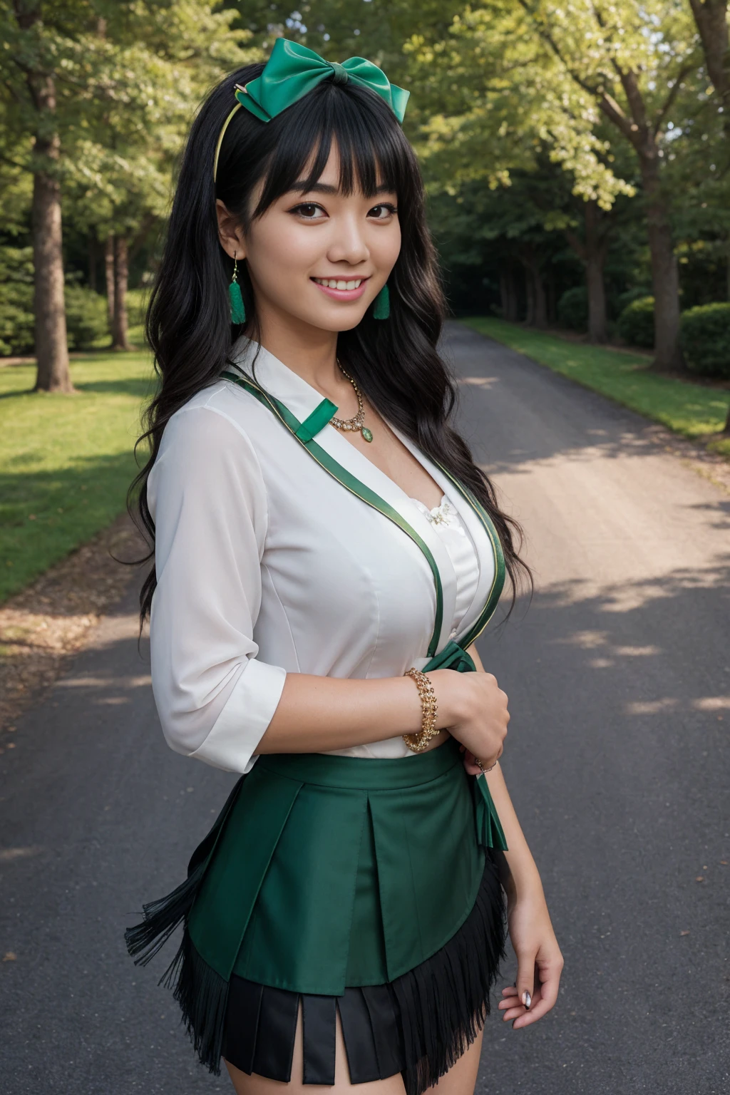 Half-length glamour portrait, nikon D850, f1.6 lens, 200mm, DSLR, 22 Megapixels, (((Tree-lined driveway leading to a private residence scene))), shot of a stunning 19 years old korean girl, (smile:1.4), (wearing Skirt suit with Green pussy bow blouse:1.6), ((seductive pose)), hot girl, (((big natural breasts))), (((black fringe hair))), (small girl), symmetrical face, photorealistic, photography, (bright natural lighting), gorgeous, deep cleavage, (masterpiece), best quality, high resolution, extremely detailed, cinematic lighting, (((very narrow waist))), rich colors, hyper realistic, lifelike texture, ((jewelry)), (((She has beautiful hands and wears rings))), (bracelet), (necklace), (ankle chain), (nail polish) (earrings), Fuji Superia 200, 8k