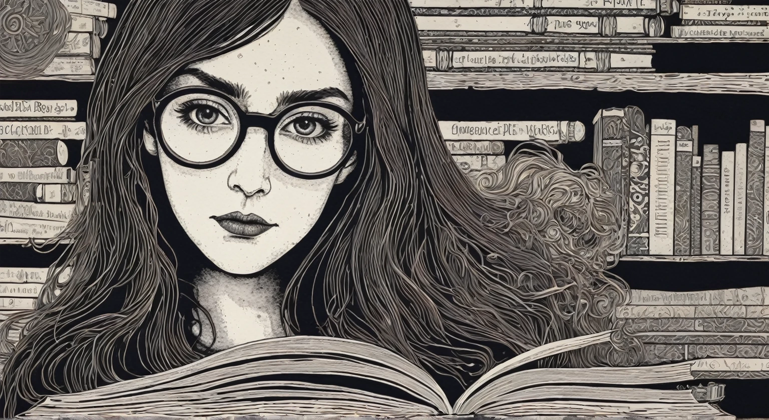 a surreal abstract woodblock print, With the theme "movie theme, series and books with reference to Harry Potter, anne de greem gables e dark academy" long hair and glasses