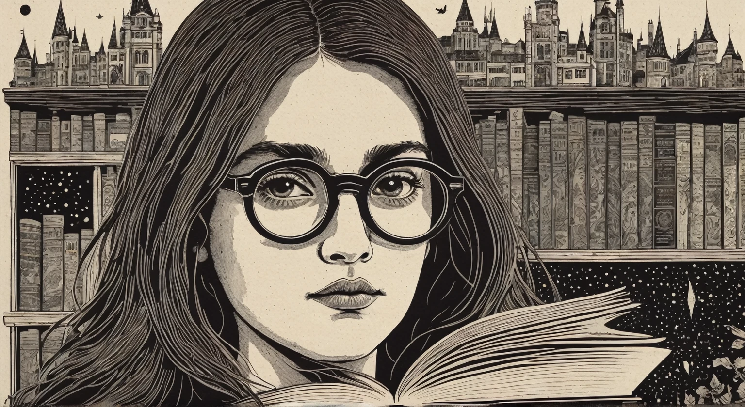 a surreal abstract woodblock print, With the theme "movie theme, series and books with reference to Harry Potter, anne de greem gables e dark academy" long hair and glasses