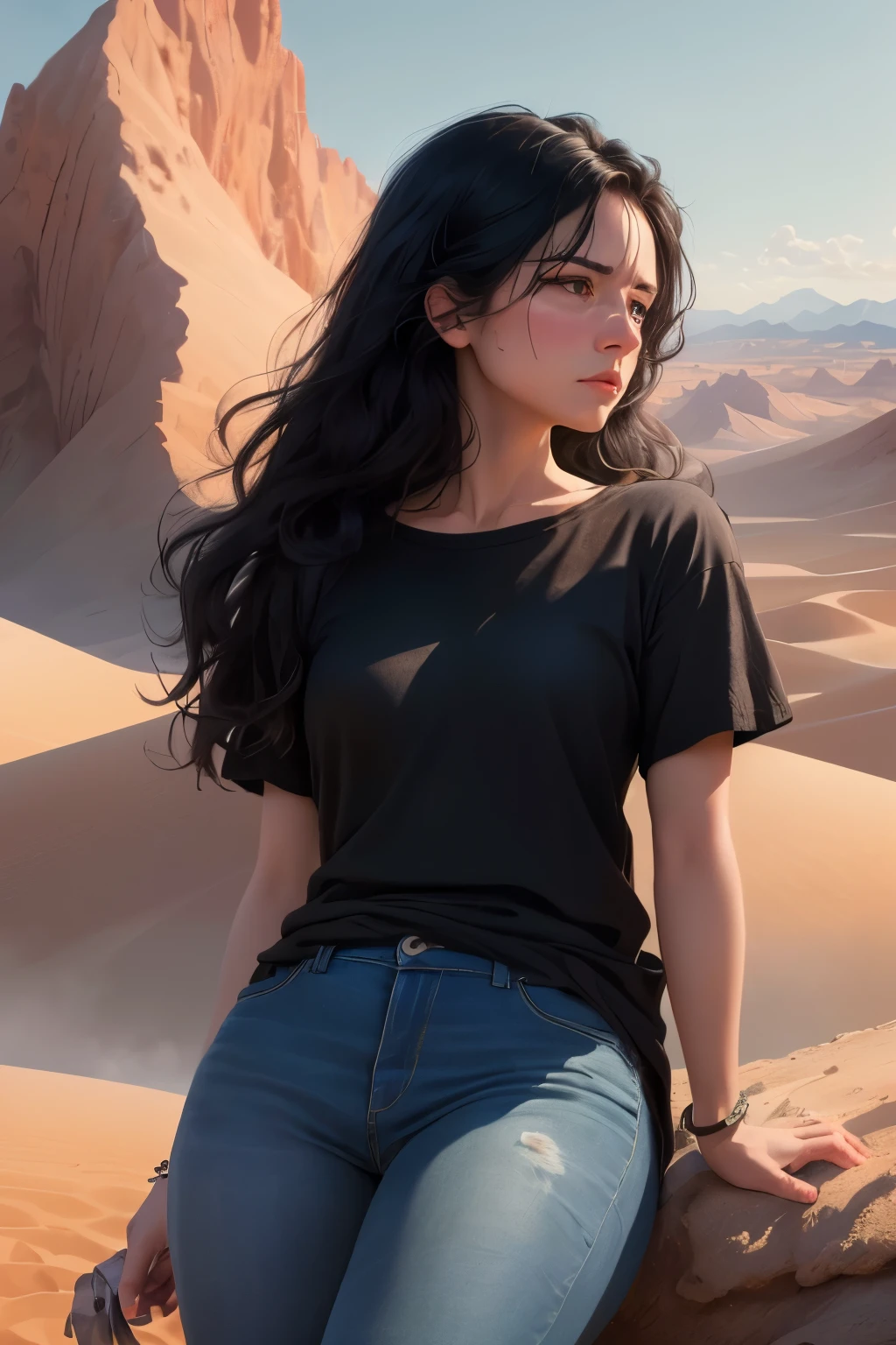 ((best quality)), ((masterpiece)), (detailed), A digital illustration of a long black haired woman in a desert looking at the sky with a tired expression on her face, wearing a plain black t-shirt and blue jeans. 