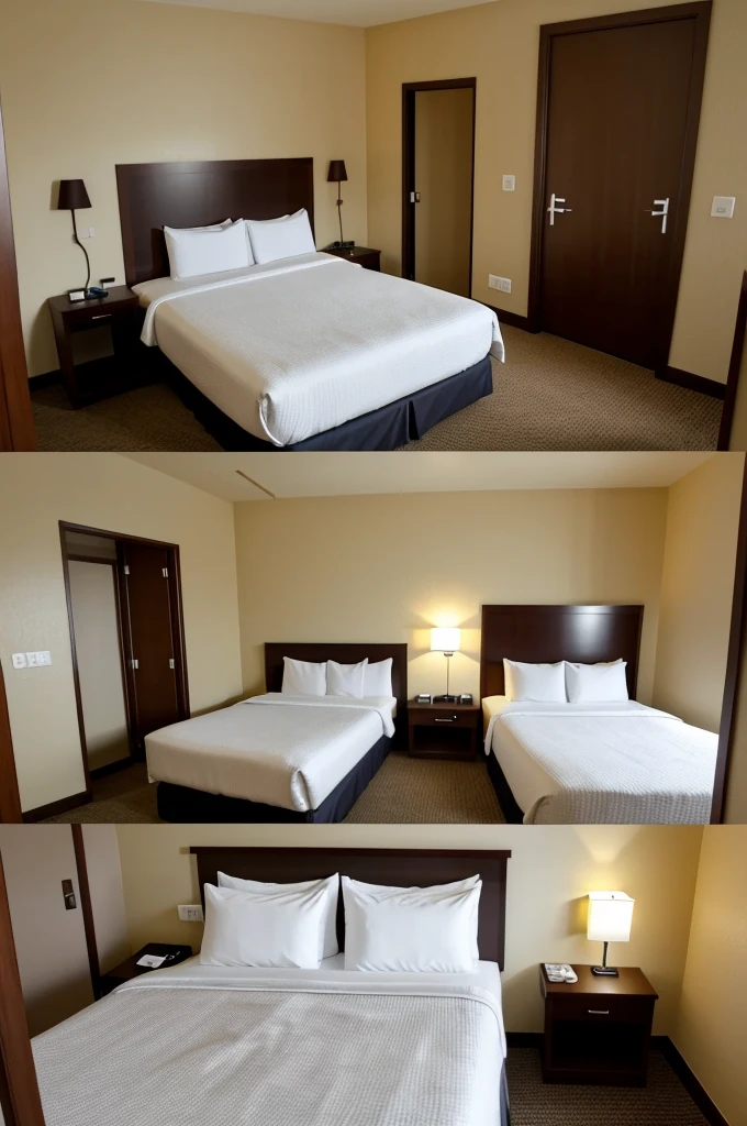 Make a hotel room with two beds, one on each side of the room., The angle from which you have to see it is from the door, the beds are directed towards the door, Keep in mind that it has to be seen like a photo from a phone so you don't think it is very bright, both beds have to be messy, white beds, clothes on the floor, You have a suitcase on the floor on one of the beds, but if you loved messy beds, white sheets 