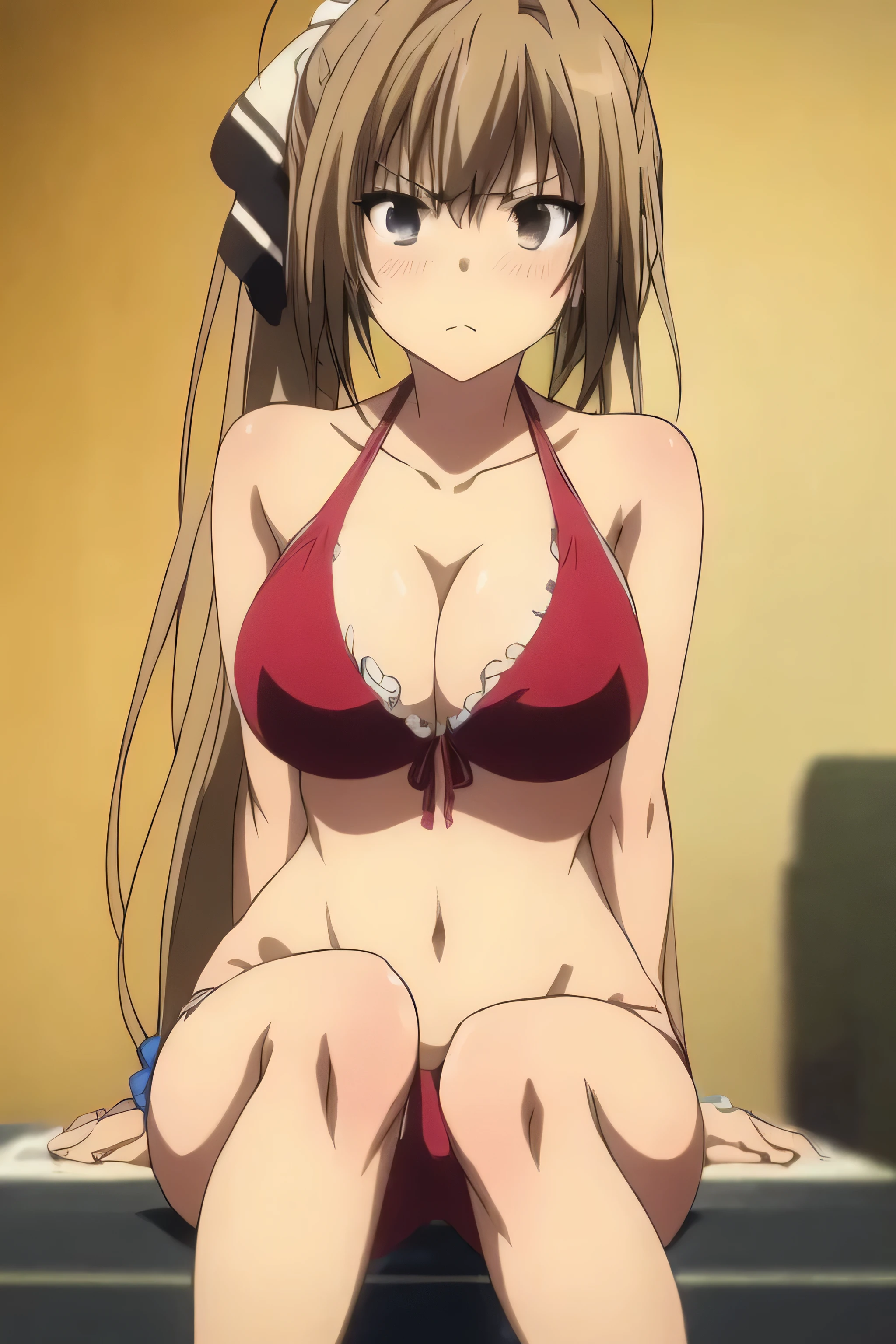 (Masterpiece, Best Quality:1.2), expressive eyes, Perfect face, high resolution, 1 girl, Alone, (female:1.5), hair with side ponytail,blonde hair , Bikini, Bikini color blanco, blush, very nervously angry, sitting, portrait, looking at the viewer, posing to the viewer,